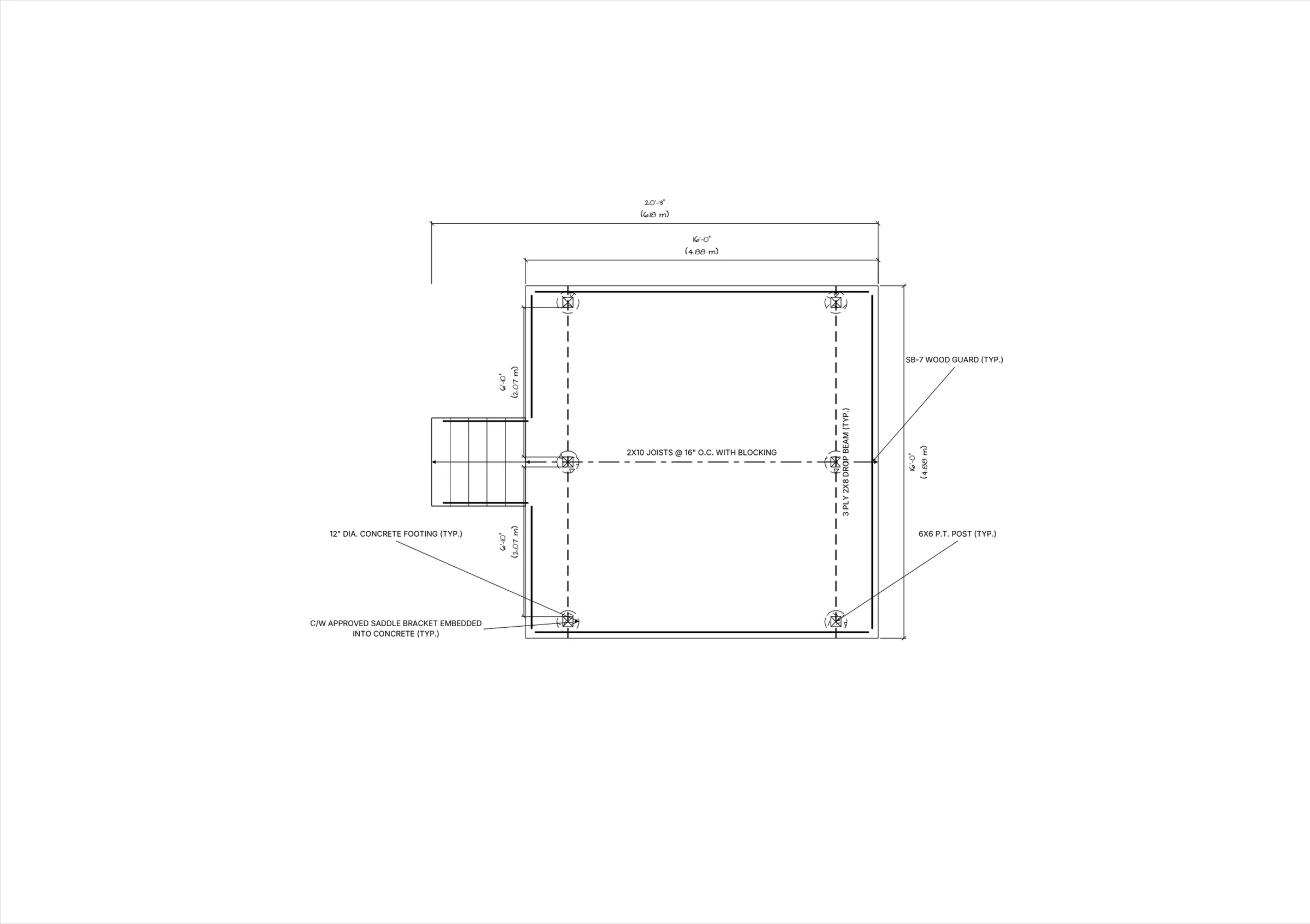 16x16 Spacious Raised Deck floor plan preview