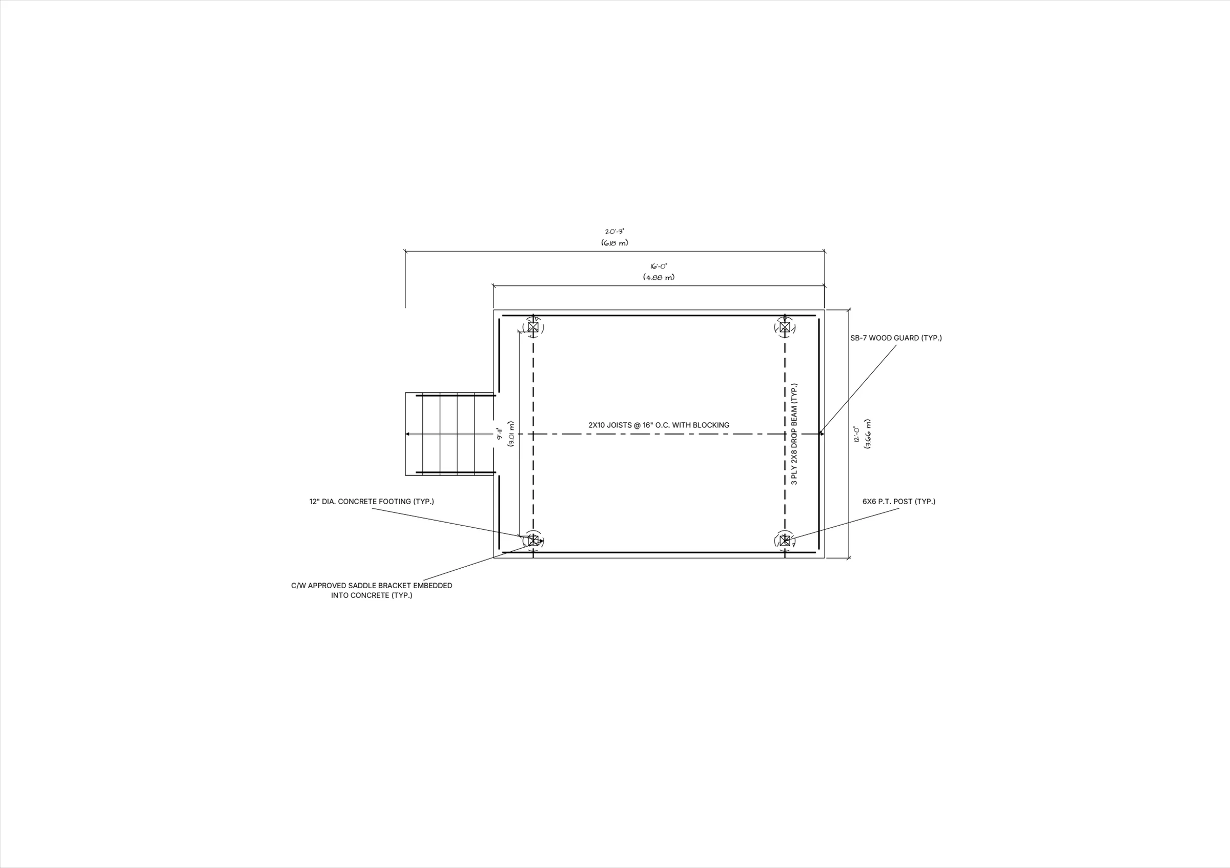 12x16 Medium Raised Deck floor plan preview